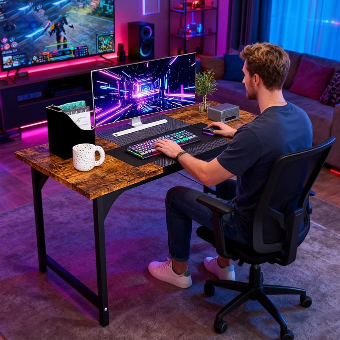 Computer Desk, 55 Inch Home Office Desks, Office Desk for Gaming Writing Study Work, Study Table with Large Legroom, Computer Desk with Metal Frame (Brown + Black Carbon Fiber Tabletop, 55inch)