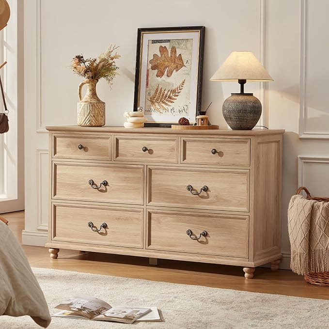 Farmhouse 54" 7 Drawers Dresser for Bedroom, Wide Chest of Drawers w/ 4 Wooden Legs, Vintage Rustic Large Closet Storage Dressers Organizer for Hallway, Wood TV Stand for Living Room, Natural