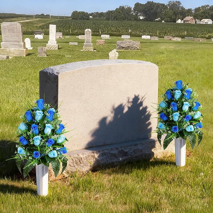 Artificial Cemetery Flowers - Set of 2 Grave Memorial Rose Flowers with Vase for Cemetery Headstones Gravesites Decoration (Dark Blue & Light Blue)