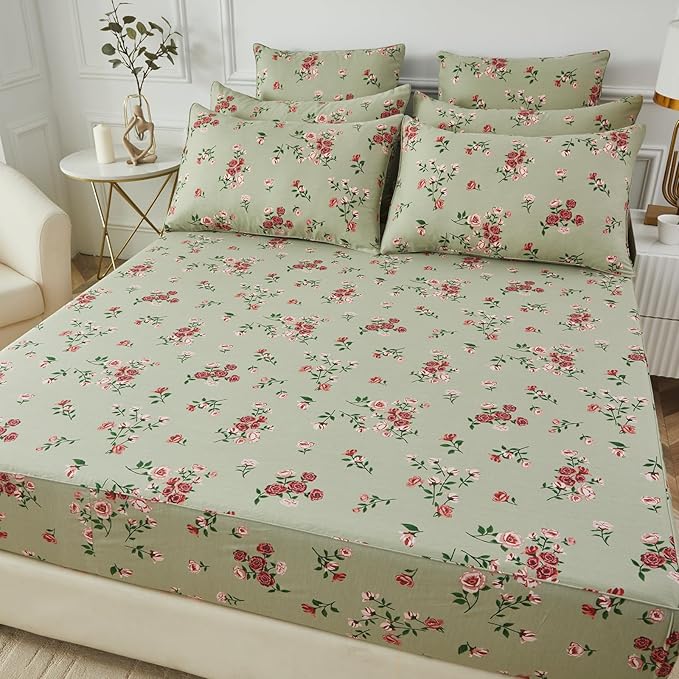 FADFAY King Size Sheet Set 100% Cotton Sage Green Bed Sheets, French Country Red Rose Floral Pattern, Soft Cool Luxury Bedding, Shabby Vintage Style, 4 Pieces Deep Pocket Fitted Sheet