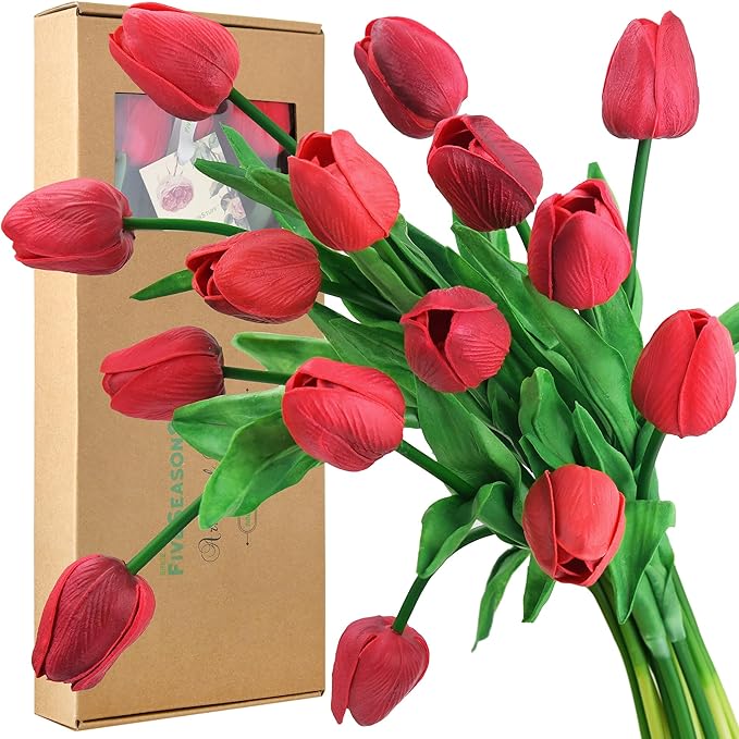 FiveSeasonStuff Real Touch Tulips Artificial Flowers – 15 Stems Faux Tulip Bouquet in Gift Box for Wedding, Home Decor, Party, Floral Arrangements (Currant Red)