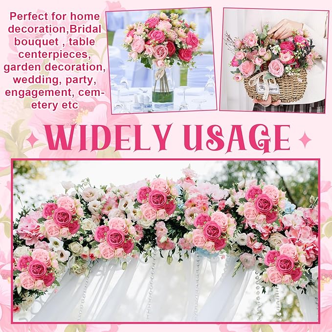 8 Pack Pink, Hot Pink Peonies Artificial Flowers, Fake Silk Hydrangea Bouquet for Bridal Wedding Home Table Decor Reusable Dining Opening Ceremony Birthday Arrangement Faux Floral
