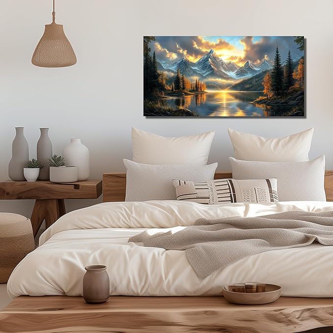 JuhaiArt Lake Picture Art Mountain Landscape Nature Wall Decorations Scenery Canvas Wall Art for Bedroom Office Gold Sunset Poster Artwork 20"x 40"