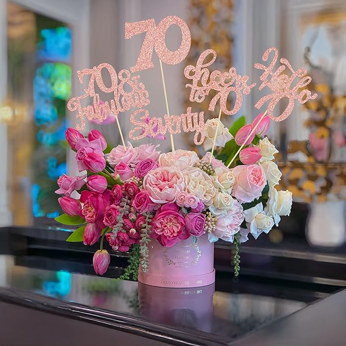 Gyufise 15Pcs 70th Birthday Centerpiece Sticks Seventy Happy 70th Table Flower Centerpieces Sticks Cheers to 70 Floral Decorations for 70th Birthday Party Centerpieces Supplies Rose Gold