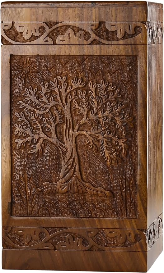 INTAJ Handcarved Wooden Cremation Urn for Human Ashes - Tree of Life Design, 250 lbs Capacity, Suitable for Adult Men and Women - Decorative Funeral Urn Box and Casket