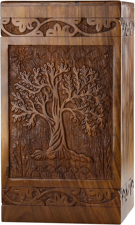 INTAJ Handcarved Wooden Cremation Urn for Human Ashes - Tree of Life Design, 640lbs Capacity, Suitable for Adult Men and Women - Decorative Funeral Urn Box and Casket - Companion Urn Carved Box
