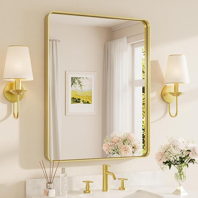TETOTE Gold Vanity Mirror 28 x 36 Inch for Bathroom Over Sink Metal Framed Mirror Modern Farmhouse for Living Room Entryway(Horizontal/Vertical)