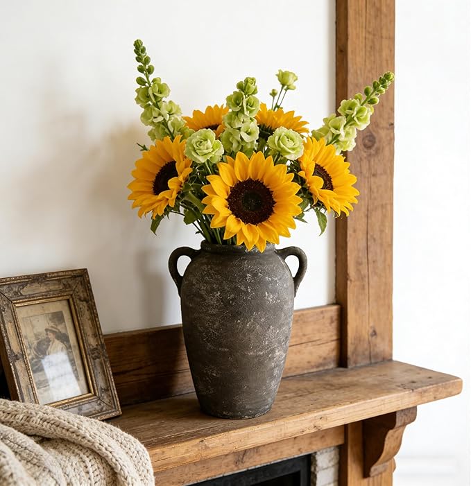 Ceramic Flower Vase with Handles Home Decor - 9 Inch Farmhouse Rustic Table Vases Living Room Decoration Decorative Vintage Pottery for Kitchen Shelf Dining Bookshelf Fireplace Centerpiece (Retro-9")