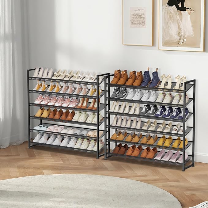 NEYCIL Large Shoe Rack 12 Tier Shoe Organizer, Heavy Duty Metal 6-Tier Stackable Shoe Storage Vertical Shoe Rack for Closet Front Door Entrance, Up to 75 Pairs, 44.8" W x 11.4" D x 85.1" H, Black