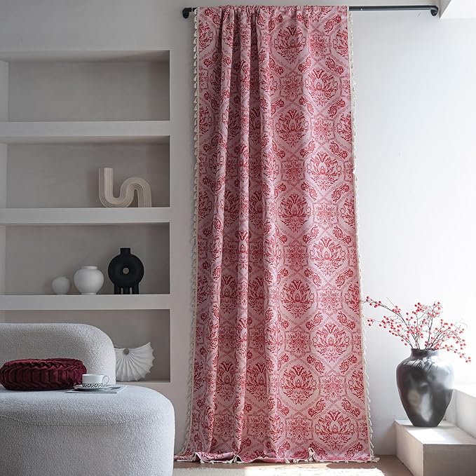 ENJOYBRIDAL Red Damask Curtains 84 Inches Living Room Bedroom Drapes 2 Panel Sets Vintage Semi Sheer Floor Length Window Curtains Dining Room Rod Pocket Jacquard Medallion Patterned Window Treatments