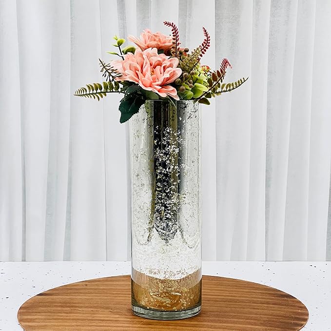 Hosley 12 Inch High Metallic Silver Speckled Finish Glass Floral Vase. Ideal Gift for Floral Arrangements Weddings Bridal Spa Meditation Reiki Rose Vase Nautical Settings Led Lantern Votive Garden P1