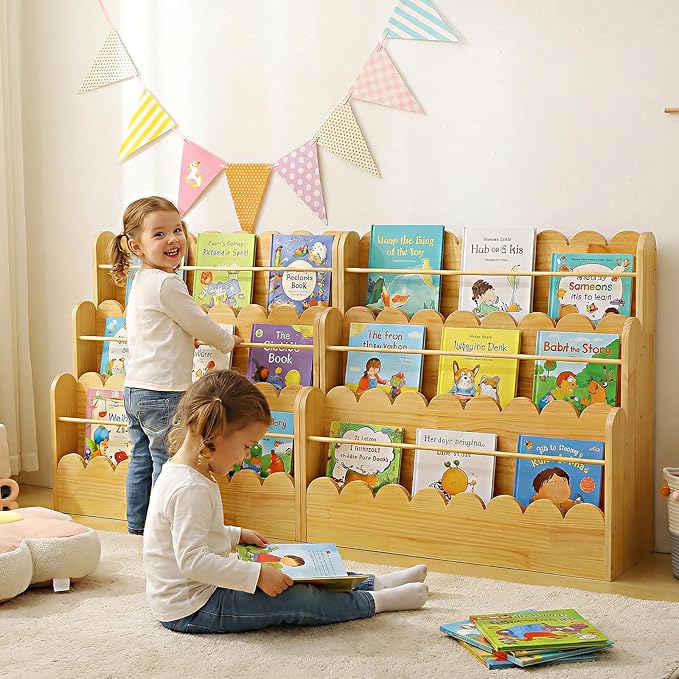 Scalloped Design | 3-Tier Montessori Solid Wood Kids Bookcase | 29.6" Wide Toddler Storage Shelf | Easy Access Floor Display Furniture for Playroom/Nursery