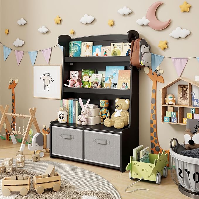 Kids Bookshelf and Toy Storage Organizer, 3 Tier Bamboo Todders Book Shelf Large Book Rack for Child Room Playroom Nursery for Kids, Children, Toddlers (Black)