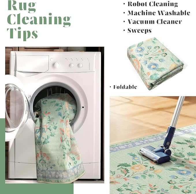 MUJOO 5x7 Area Rugs Washable,Green Floral Rugs for Living Room Bedroom Dining Room Playroom,Boho Indoor Floor Rug Large Non Slip Throw Carpet Low Pile Vintage