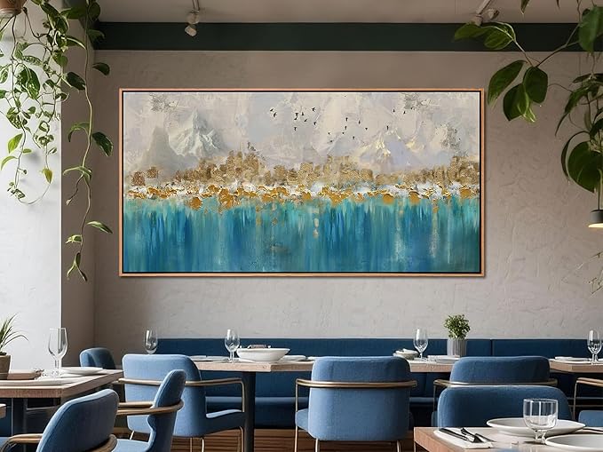 Arjun Framed Abstract Wall Art for Living Room Gold Blue Textured Extra Large Canvas Art Wall Decor Bedroom Painting, Modern Picture Grey Mountain Artwork Home Office Wall Decoration, 58"x29"