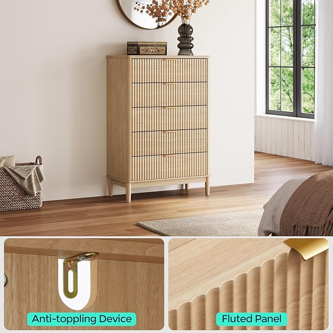 LINSY Fluted Dresser for Bedroom with 5 Drawers, Mid Century Modern Chest of Drawers with Gold Metal Handles, Tall Boho Wood Dressers, Large Farmhouse Storage Cabinet for Bedroom, Living Room, Oak