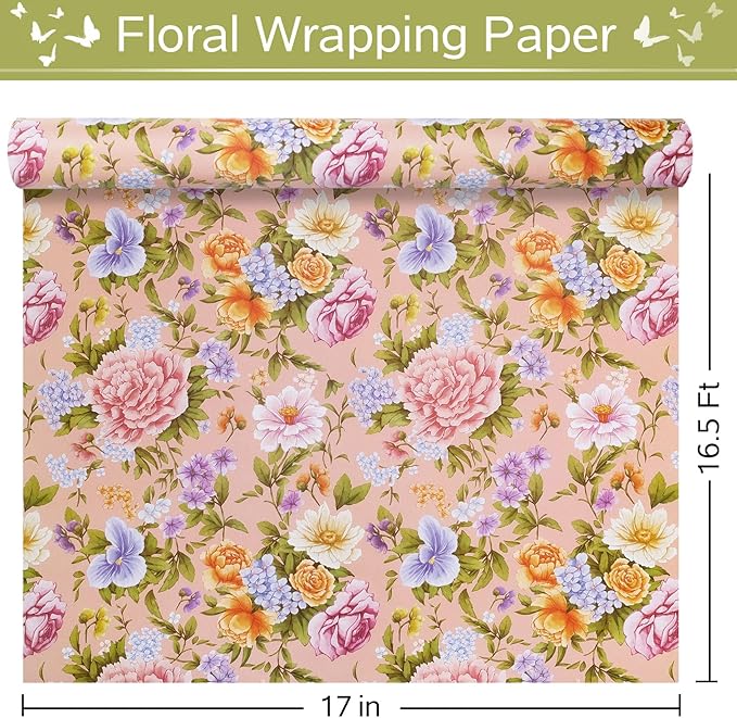 RayofSun Floral Wrapping Paper Roll Roll 17 in x 16.5 ft Mini Roll Pink Peonies Yellow Roses Blooms Gift Wrap Paper for All Occasion Wedding Birthday Bridal Shower Party Wrapping Supplies