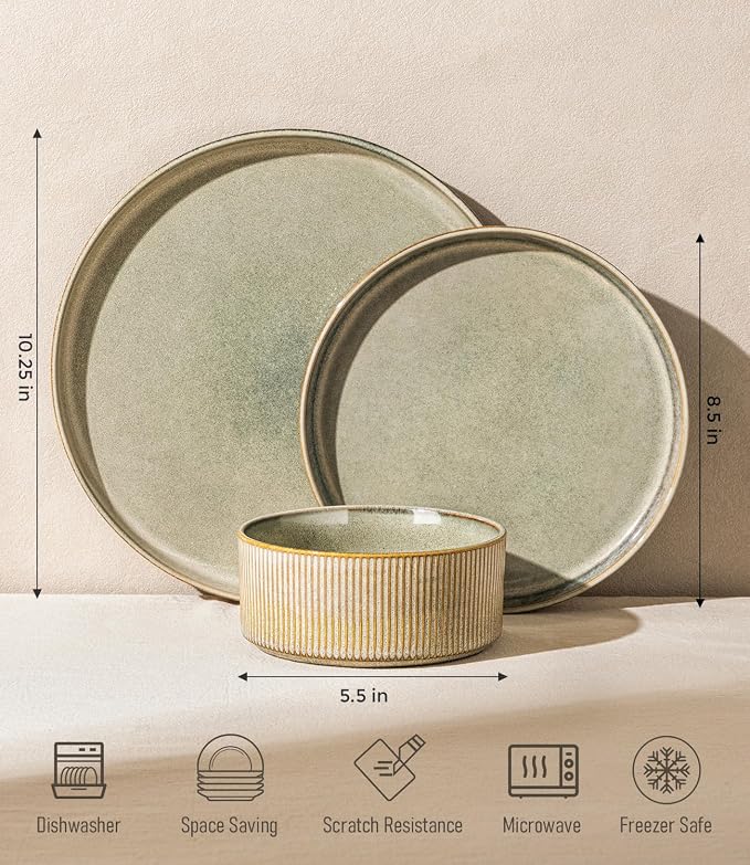 GBHOME 18-Piece Stoneware Dinnerware Set for 6 – Ribbed Ceramic Plates and Bowls, Scratch-Resistant, Microwave & Dishwasher Safe, Reactive Glaze, Desert Sage