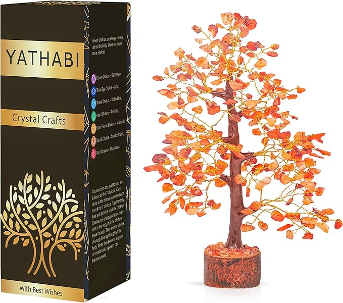 YATHABI Carnelian - Chakra Tree - Gemstones - Crystal Bonsai Tree - Feng Shui - Red Crystal Stone - Crystal Tree of Life Decor - Spiritual Gifts - Spiritual Desk Decor - Rock Tree - Chakra Stone
