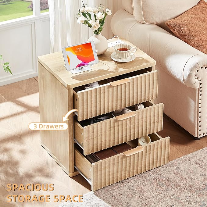 LEYAOYAO Fluted Nightstand Set of 2 with Charging Station,23" Modern Nightstand with Woodgrain Top, 3 Drawer End Table w/Storage, BedsideTables for Bedroom, Living Room, Curved Profile,Wood
