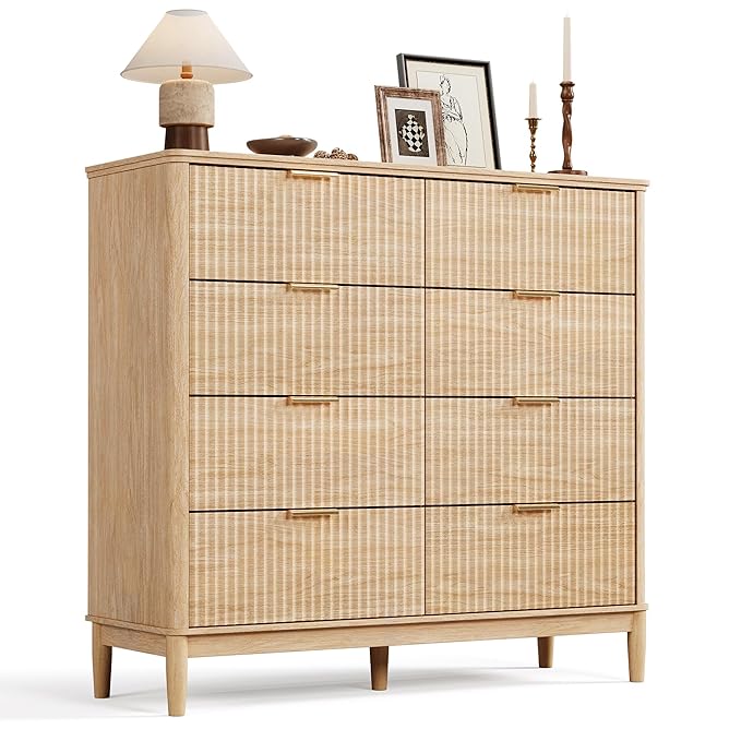 LINSY Fluted Dresser for Bedroom with 8 Drawers, Mid Century Modern Chest of Drawers with Gold Metal Handles, Wide Boho Wood Dressers, Large Farmhouse Storage Cabinet for Bedroom, Living Room, Oak