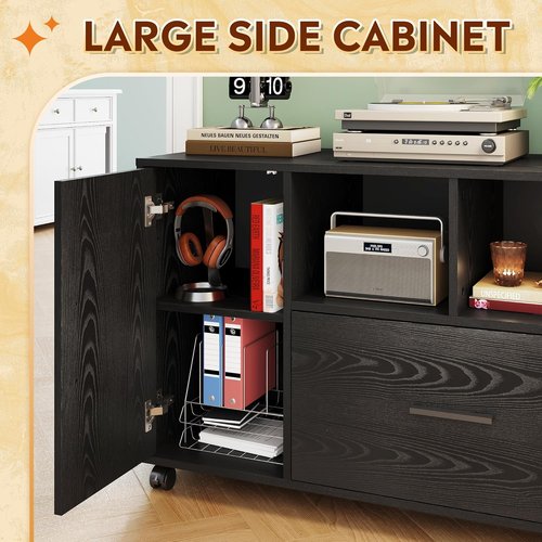 DEVAISE Office File Cabinet - Lockable 1-Drawer Lateral Filing Cabinet on Wheels | Black with Open Storage Shelves