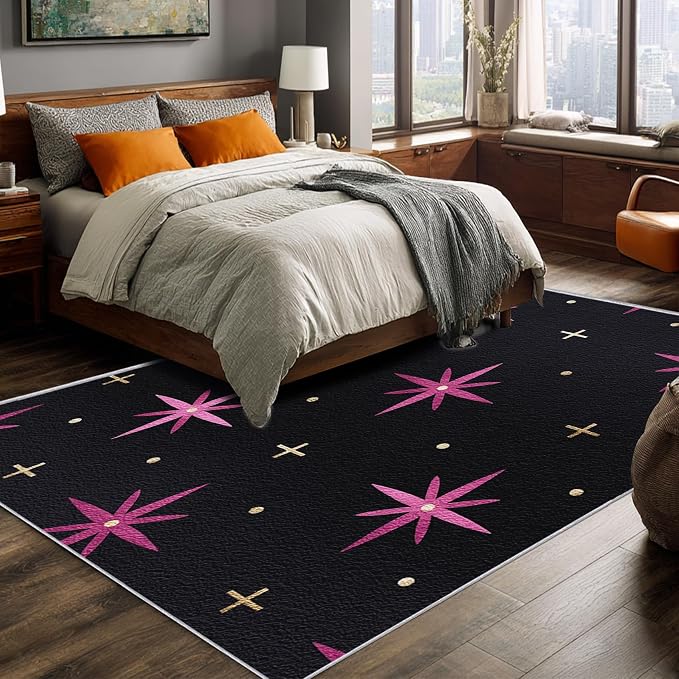 Atomic Rugs 7x9, Mid Century Modern Retro Washable 7 x 9 Area Rug for Living Room, Bedroom, Low Pile Non Slip Stain Resistant Carpet, Atomic Starburst Home Decor Accessories & M858