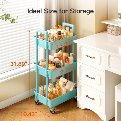 Pipishell 3-Tier Rolling Cart Organizer - Lightweight Utility Storage with Lockable Wheels | Turquoise