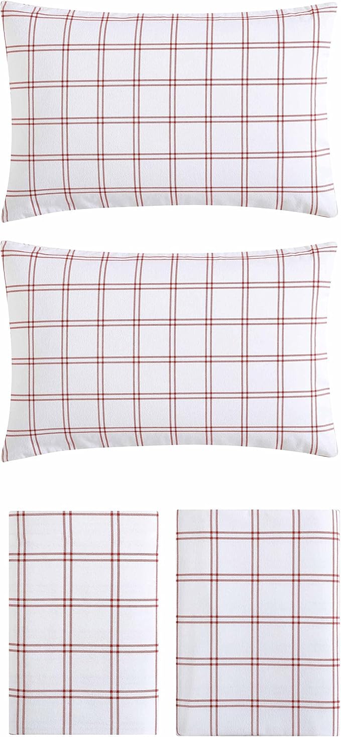 Eddie Bauer - Flannel Sheets Queen Size, Anti-Pilling & Wrinkle Resistant Cotton, Touchably Soft for All-Season Comfort - Bed Sheets with Matching Pillowcases & Fitted Sheet (Westridge Plaid Orange)