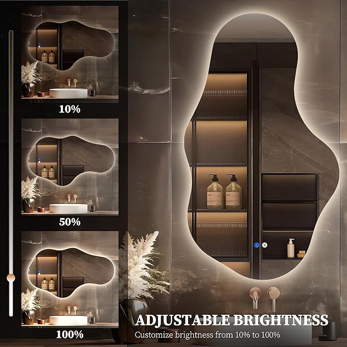 Irregular LED Bathroom Mirror with Lights, Backlit Vanity Mirror for Wall, Asymmetrical Wall Mirror, 3 Color Dimmable Anti-Fog Smart, Decorative Mirror for Bathroom, Entryway(26″ x 43″, 2 Pack)