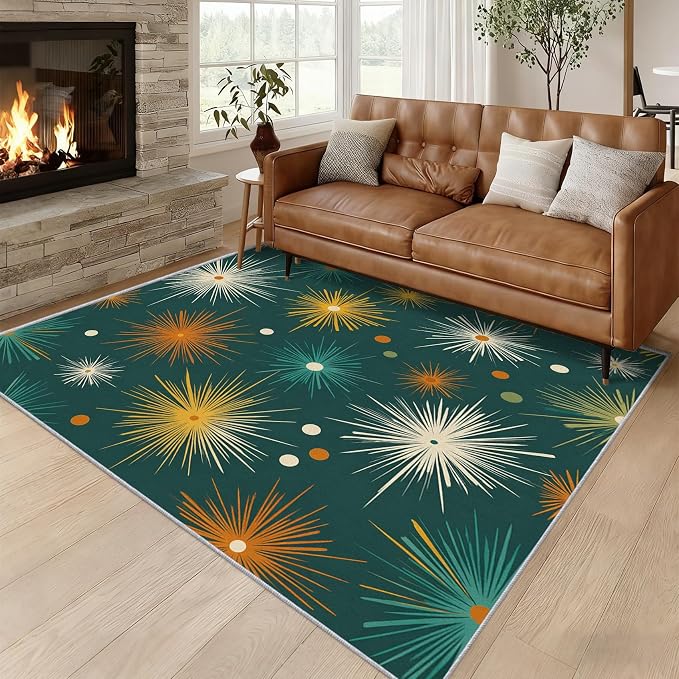 Abstract Atomic Rugs for Living Room Decor, 4x6 ft, MCM Geometric Starburst Area Rugs for Bedroom, Soft Non Slip Washable Mid Century Modern Carpet Home Decorations D-g48