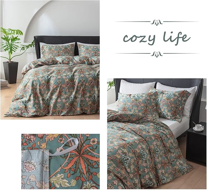 EAVD Vintage Style Botanical Floral Duvet Cover Queen Soft 100% Cotton Garden Floral Bedding Set for children,teens,adults, boys,girls,women&men Boho Floral Comforter Cover with Zipper Closure 4 Ties