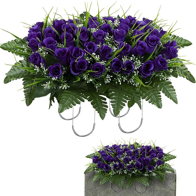Artificial Cemetery Flowers Saddles, Artificial Memorial Rose Flowers, Outdoor Grave Saddle for Headstone Tombstone Decorations (Purple)