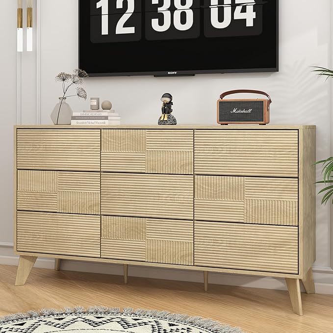 Hadulcet Wooden Dresser for Bedroom, Mid Century Modern 55” Long Fluted 9 Drawers Dresser Storage Clothes for Closet Organizer, Handleless Design, Push to Open, Natural Oak