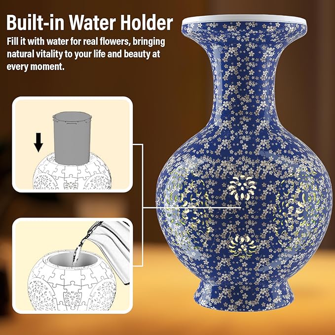 3D Puzzle Vase for Adults, 200 Curved Pieces DIY LED Vase, Unique Craft Kit for Home Decoration, Creative Hobby Gift for Women, Ideal Housewarming & Birthday Gifts (Navy Gold Blossom)