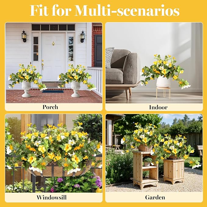 Artificial Morning Glory Fake Flowers for Outdoor Planter Decoration, 2 Pcs Petunias Realistic UV Resistant Faux Silk Flowers for Garden Balcony Porch Indoor Decor (Yellow White)