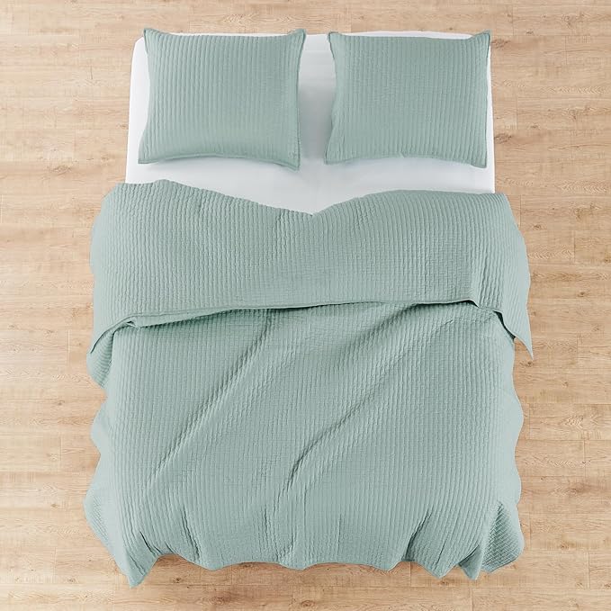 Levtex Home Cross Stitch Reversible King/Cal King Quilt Set (106x92in) with 2 Pillow Shams (36x20in) - Stitch Texture - Blue Haze - Cotton King Size Quilt Bedding Set - Lightweight, Soft, Pre-Washed