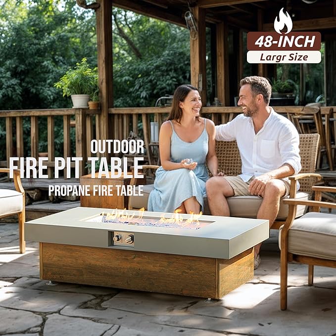 SHINETUNE Outdoor Propane Fire Pit – 48" Fire Table with 50,000 BTU, Modern Propane Fire Pit with Adjustable Flame & Matching 20 lb Tank Stand for Patio, Garden, Deck