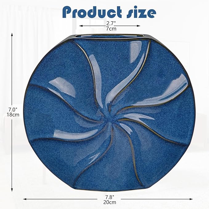 Blue Ceramic Vase for Home Decor – 11.4" x 10.2" Modern Decorative Vase for Pampas Grass, Artificial Flowers & Dried Bouquets – Elegant Textured Flower Vase for Living Room, Bedroom & Office