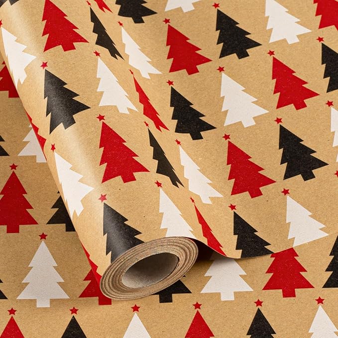 MAYPLUSS Kraft Trees Christmas Wrapping Paper - 17 Inch X 33 Feet - Minimalistic Little Red Black White Trees Kraft Recyclable Winter Holiday Gift Wrap Paper for Party, DIY Crafts & Festive Decoration