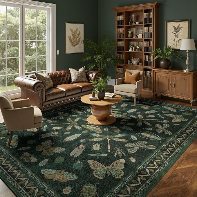 DCX 8x10 Washable Insect Rug, Vintage Gothic Dark Green Rug with Non-Slip Rubber Backing, Soft Low-Pile, Stain-Resistant, Kid & Pet Friendly, for Living Room, Bedroom, Office, and Nature-Themed Decor