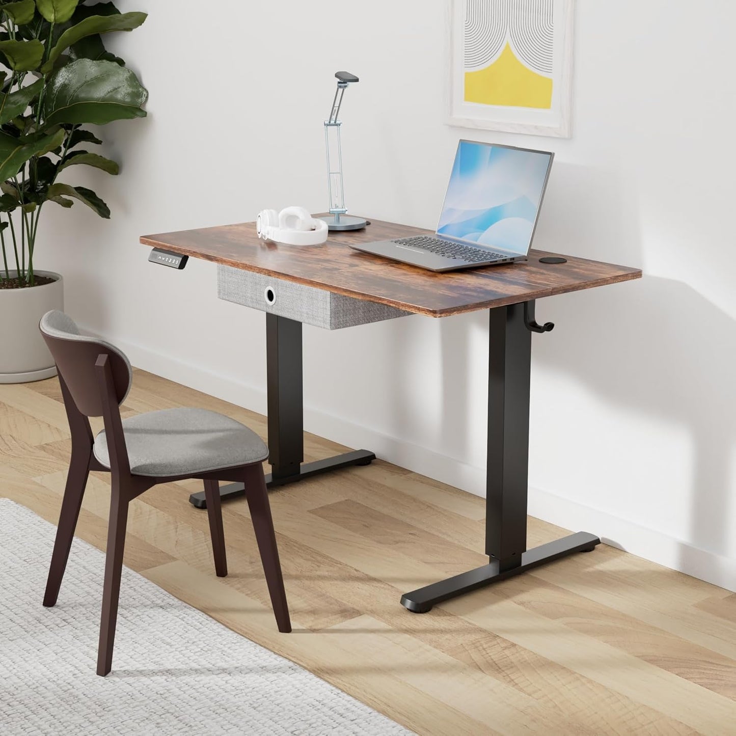Skiennix Electric Standing Desk - Height Adjustable Ergonomic Workstation with Drawer | 48" x 24" Black Frame/Brown Desktop