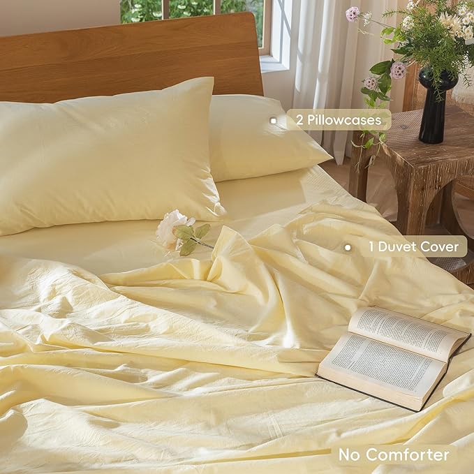 MooMee Bedding Duvet Cover Set 100% Washed Cotton Linen Like Textured Breathable Durable Soft Comfy (Heathered Butter Yellow, King 104"x90")