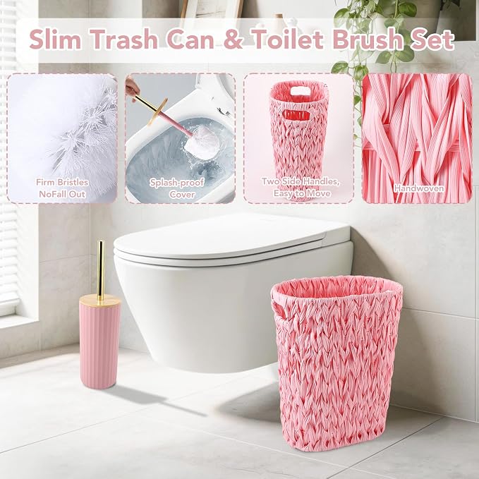 Bathroom Accessories Set, 25PCS Wicker Bathroom Accessory Set with Shower Curtain, Bath Mat, Soap Dispenser, Handwoven Trash Can & Rattan Tissue Box (Pink, Bath Set+Shower Curtain+Rugs)