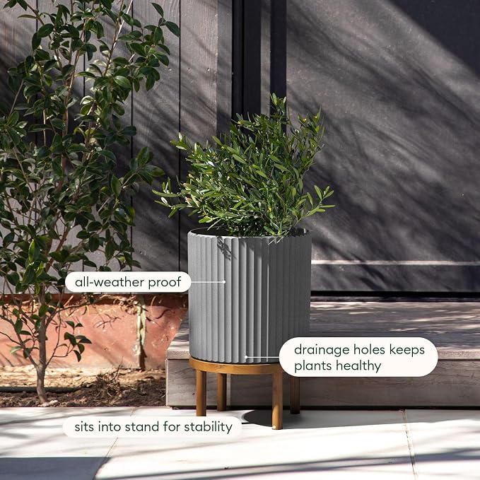 Veradek Demi Series Round Planter w/ Stand for Porch/Patio | Durable Plastic-Concrete & Wooden Stand | Modern Décor for Tall Plants, Flowers