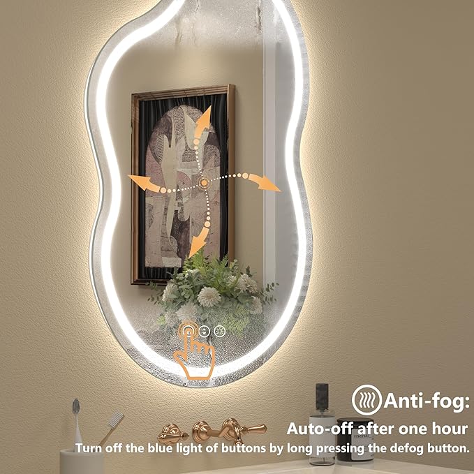 48x26 Inch Irregular LED Backlit Bathroom Mirror, Asymmetrical Cloud Led Lighted Vanity Mirror for Wall, Anit-Fog, Dimmable, Memory, 3 Colors, Shatterproof(Horizontal/Vertical)