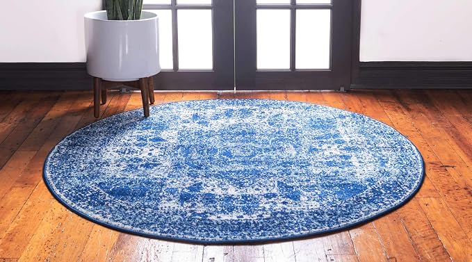 Unique Loom Bromley Collection Area Rug - Wells (3' Round, Navy Blue/ Ivory)