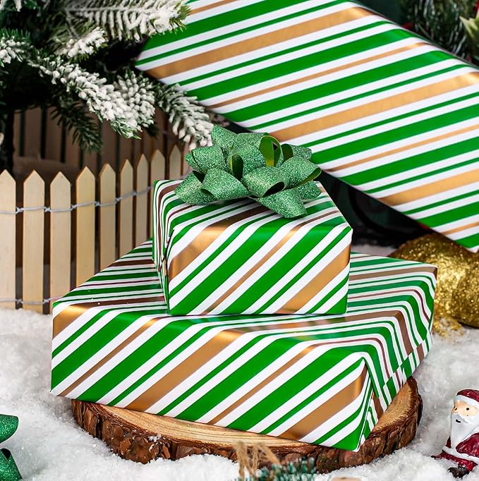 MAYPLUSS Christmas Diagonal Stripe Gift Wrapping Paper - 17 Inch X 33 Feet - Classic Green and Luxury Gold Foil Crafty Stripe Gift Wrap for Holiday Wedding, Birthday Party Showers and Scrapbooking