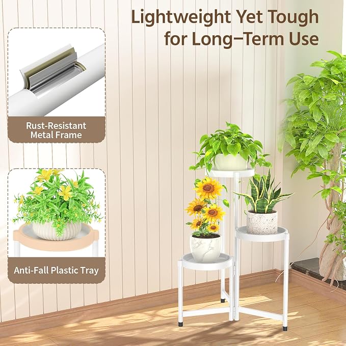 LASZOLA 3 Tiered Plant Stand Indoor Outdoor with Plastic Tray, Corner Folding Tall Flower Display Rack, Modern Plant Holder Shelf for Outdoor Patio Porch Garden Office Living Room, White