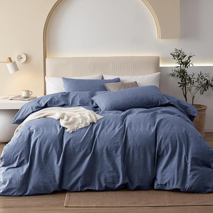 JIYUAN 100% Washed Cotton Duvet Cover Set 3 Pieces King, 1 Duvet Cover 104x90 Inches(Comforter Not Included) and 2 Pillowcases,Linen Like Comfy and Breathable,Heathered Blue